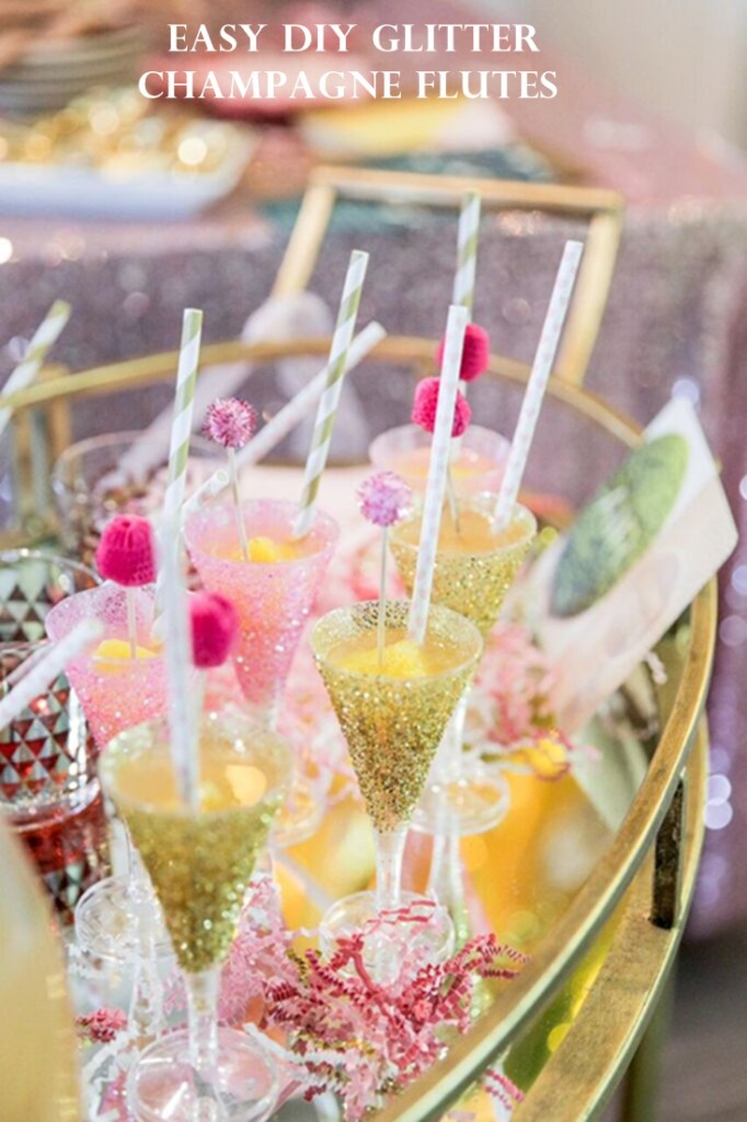 Add a little sparkle and glam to your party, wedding, or bridal shower with these Easy DIY Glitter Champagne Flutes via Sarah Sofia Productions