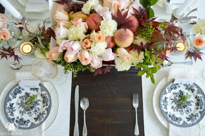 Mothers-Day-Table-Peach-Nectarine-Floral-Arrangement-Sophisticated-table-garland